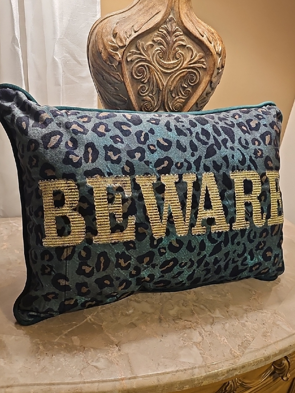 BEWARE Green & Gold Leopard Accent Pillow with Gold Embroidery 19“L X13“h NWOT